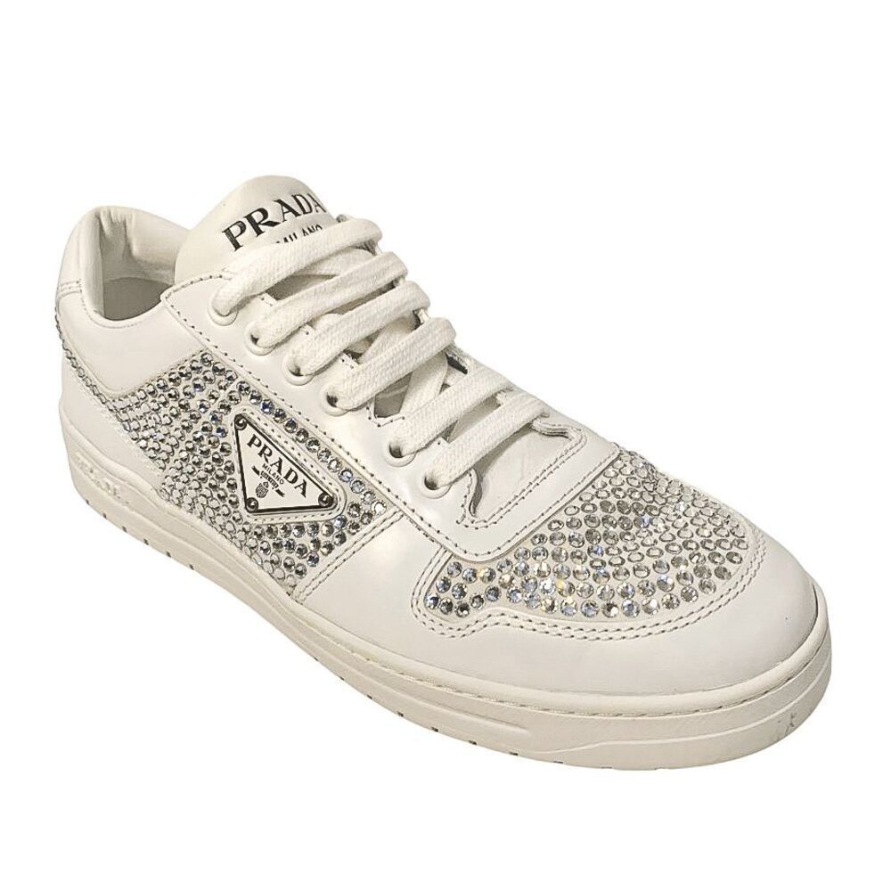 Prada Downtown Crystal Embellished White Leather Low Top Lace Sneakers Size 39.5